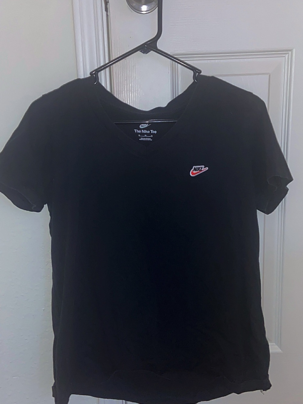 Nike Women's Black V-Neck Short Sleeve Tee with Mini Red & White Logo